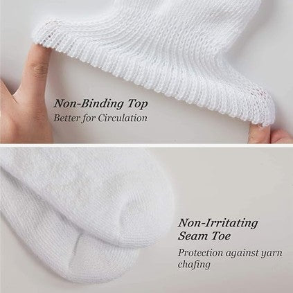 Allen's Bootery white diabetic socks featuring a non-binding top for circulation and a non-irritating seam toe.