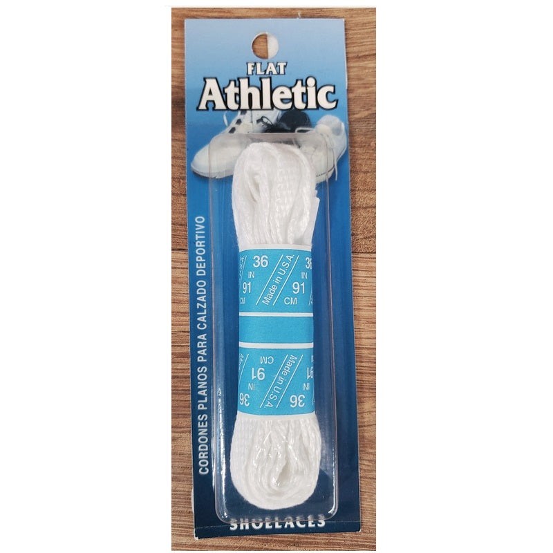 Allen's Bootery white flat athletic shoelaces in original packaging, 36-inch length, durable woven design.
