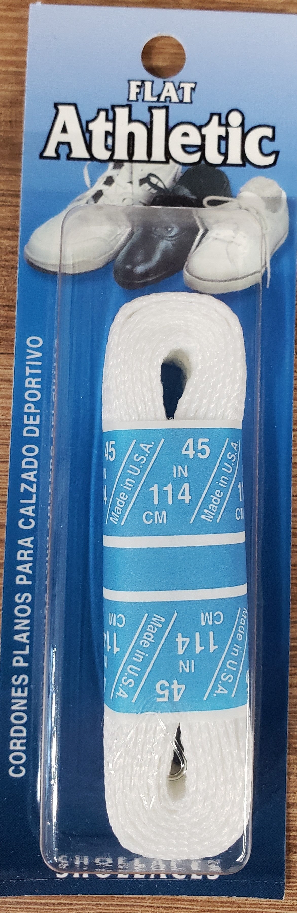 Allen's Bootery white flat athletic shoelaces in original packaging, 45 inch length, durable woven design.