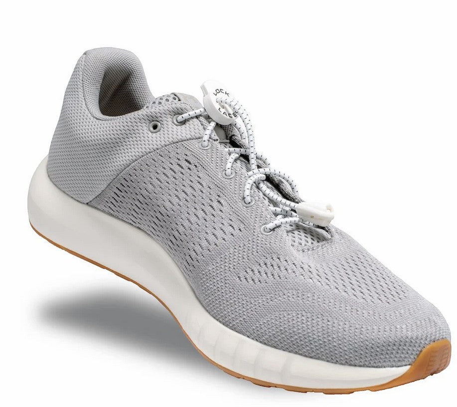 Allen's Bootery white LOCK LACES no-tie shoelaces installed on a grey mesh running shoe with a white sole