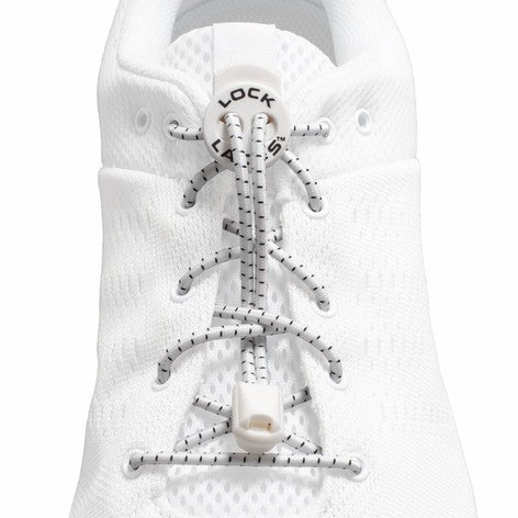 Allen's Bootery white LOCK LACES no-tie shoelaces with adjustable locking device installed on a white athletic shoe