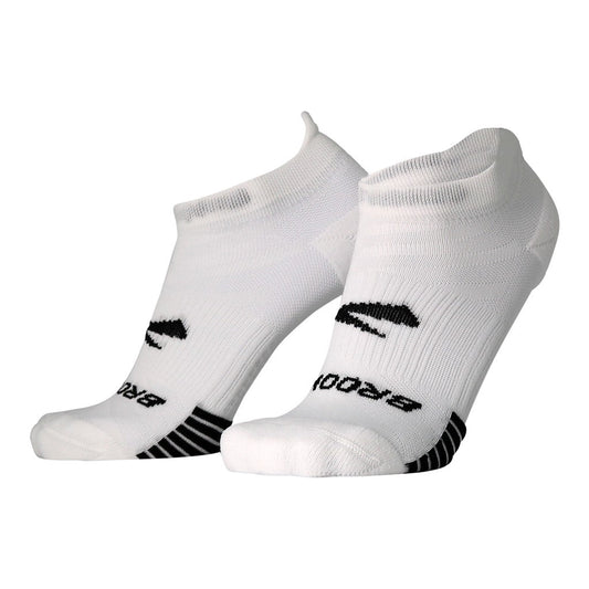 Allen's Bootery Ghost Lite white no-show athletic socks with arch compression, heel tab, and breathable mesh zones.