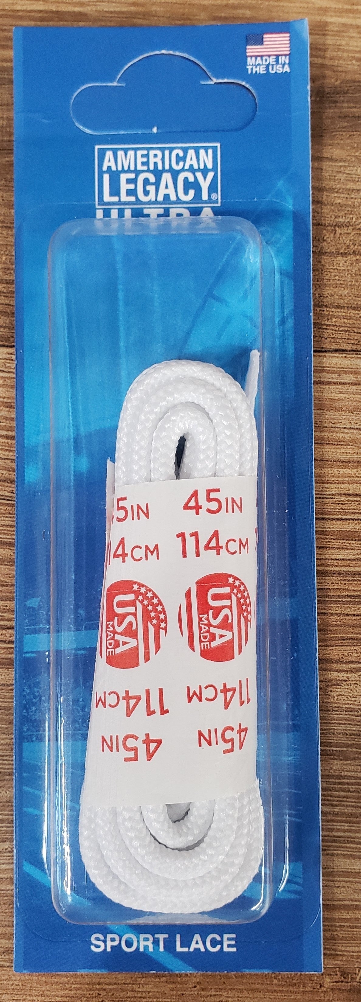 Allen's Bootery American Legacy Ultra white round athletic rope laces in 45 inch length, packaged for retail.