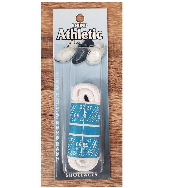 Allen's Bootery white round athletic shoe laces in original packaging, 27 inches long and tightly braided.