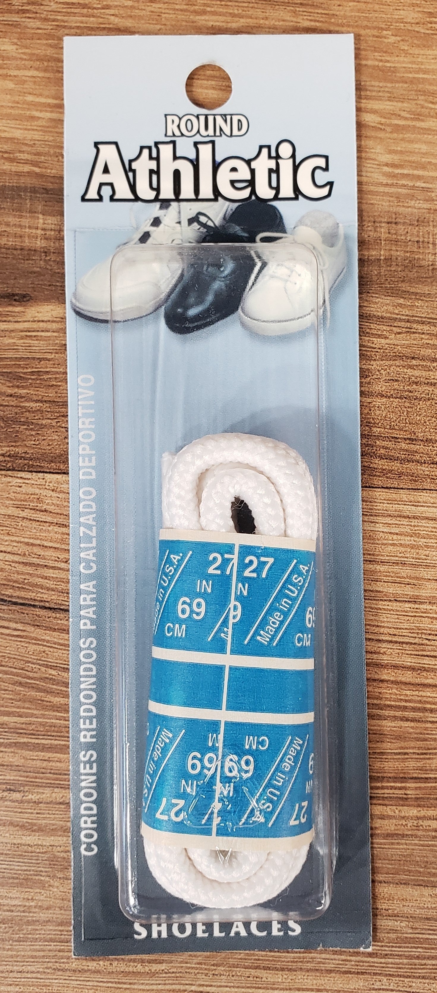 Allen's Bootery white round athletic shoelaces in original packaging, 27 inch length, tightly braided rope design.