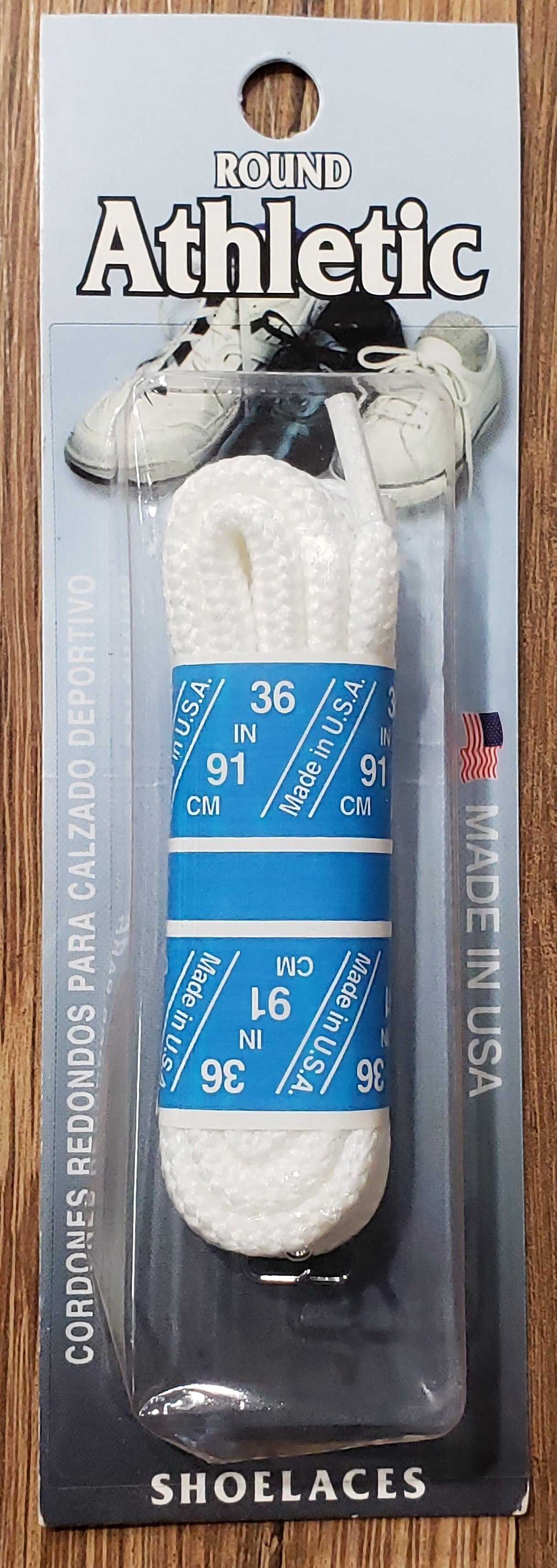 Allen's Bootery 36-inch white round athletic shoelaces in original packaging, made in the USA.