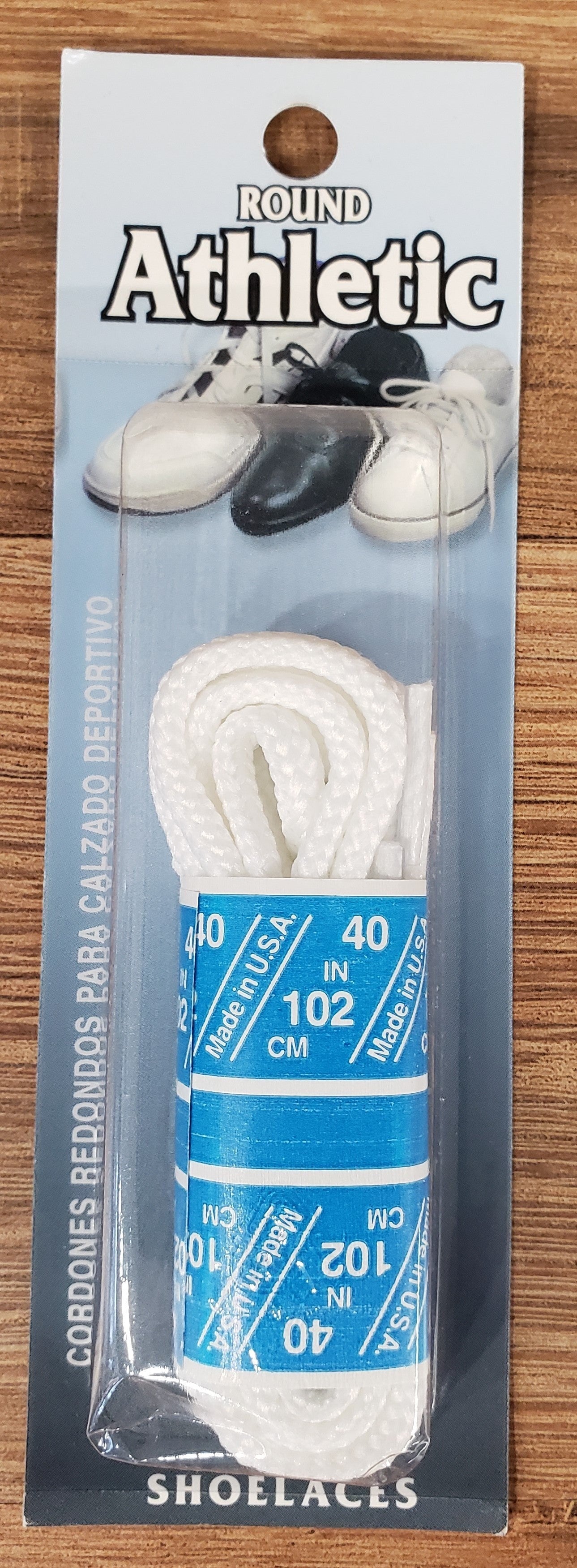 Allen's Bootery white round athletic shoelaces in 40 inch length, tightly braided rope style in retail packaging.