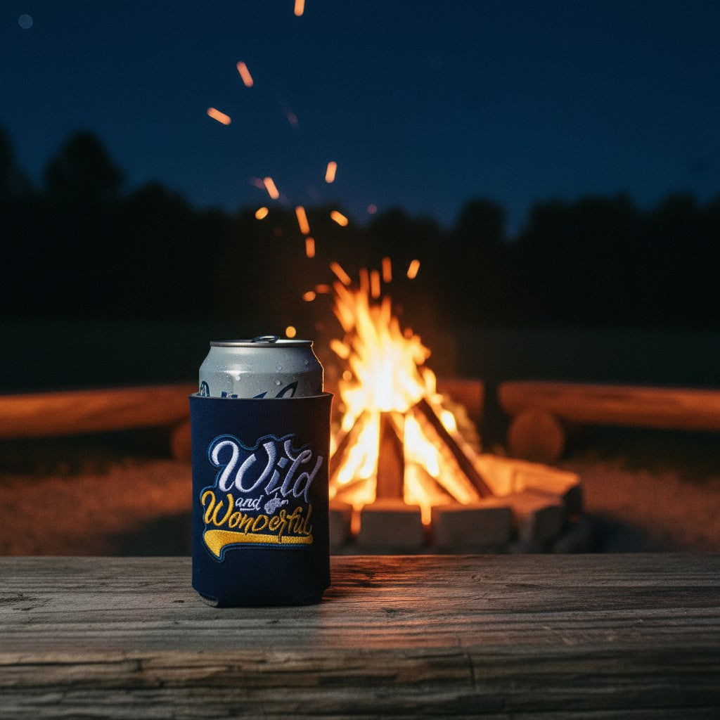Allen's Bootery navy blue can cooler with Wild & Wonderful embroidered patch, set on a wooden surface by a campfire.