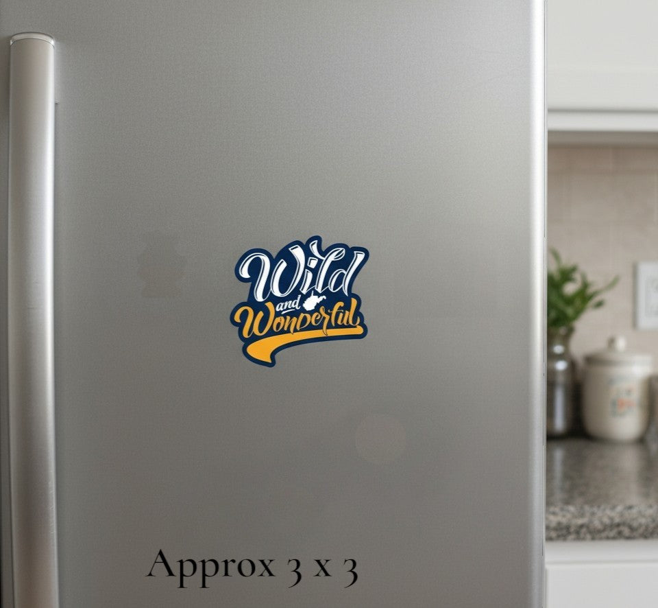 Allen's Bootery Wild & Wonderful West Virginia script magnet with navy and gold design on a refrigerator.