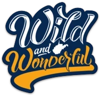 Allen's Bootery Wild and Wonderful script magnet with West Virginia state outline in navy and gold