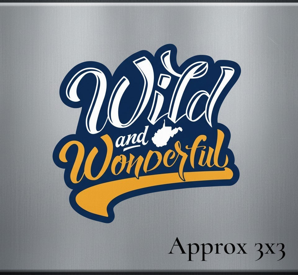 Allen's Bootery Wild and Wonderful script magnet with white and gold text on a navy blue background.