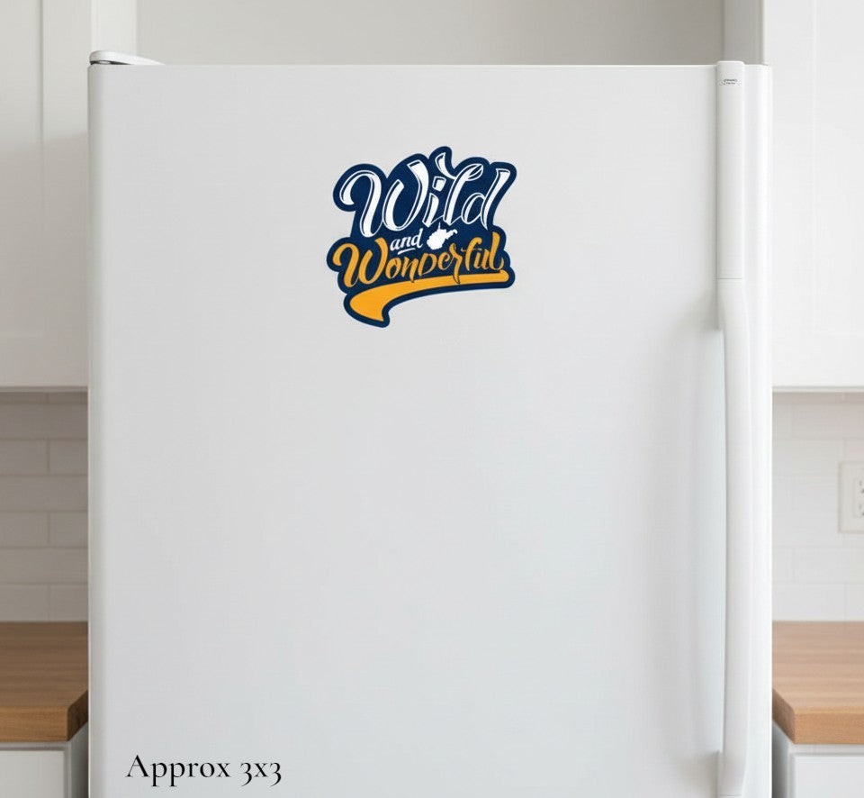 Allen's Bootery weather-resistant Wild & Wonderful script magnet on a white refrigerator door.