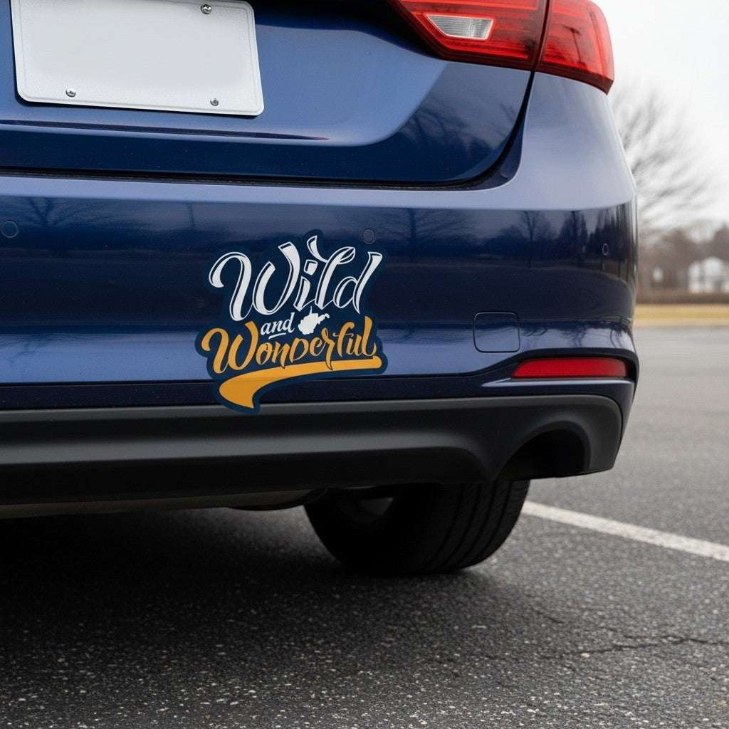 Allen's Bootery Wild and Wonderful script sticker applied to a blue car bumper, weather and UV resistant design.