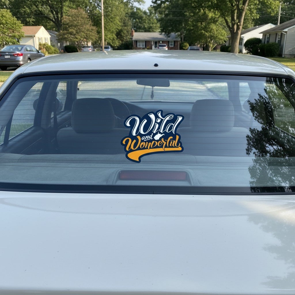Allen's Bootery Wild and Wonderful script sticker applied to a white car rear window, weather and UV resistant.