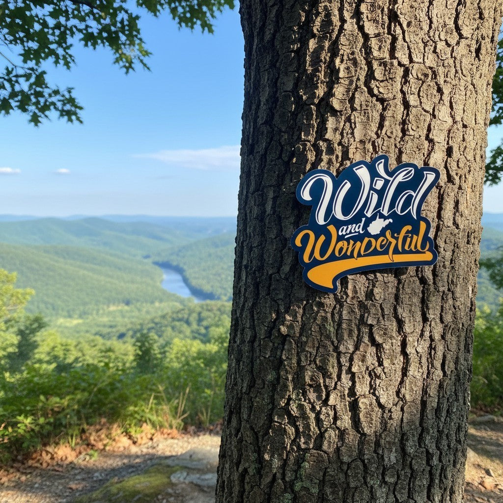Allen's Bootery Wild and Wonderful script sticker featuring white and yellow typography on a tree overlooking a valley