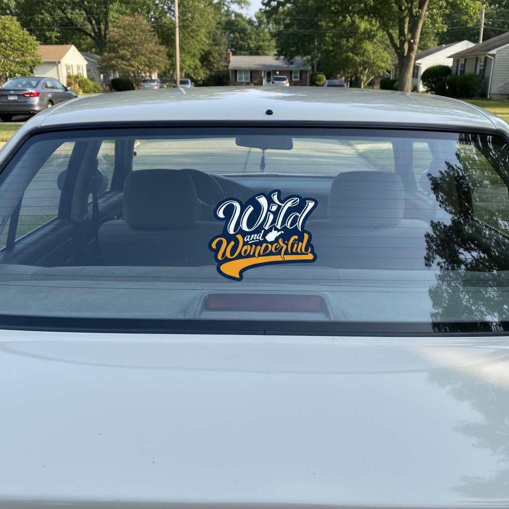 Allen's Bootery Wild and Wonderful script sticker applied to a white car rear window, weather and UV resistant.