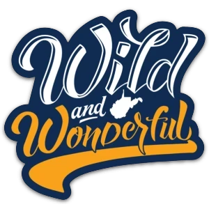 Allen's Bootery Wild and Wonderful script sticker in navy blue and orange with a West Virginia state silhouette.