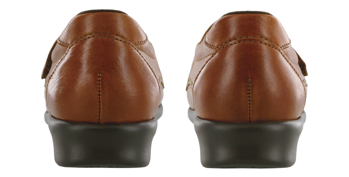 Allen's Bootery Willow chestnut leather moccasins showing the back view of the cushioned soles and padded heel collars.