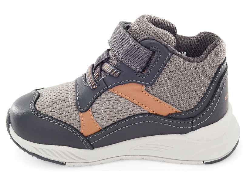 Allen's Bootery Little Kid's Made2Play Wilson Asphalt high-top sneaker with grey mesh and brown leather accents.