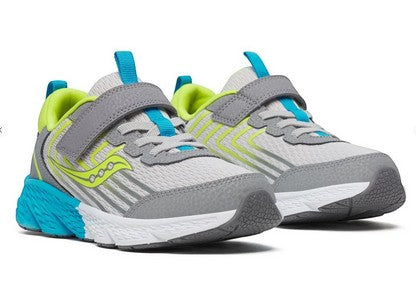 Allen's Bootery Wind 3.0 grey and green kids sneakers with mesh and leather upper, hook-and-loop strap, and rubber sole.