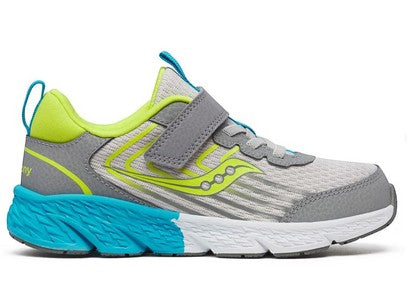 Allen's Bootery Wind 3.0 kids' sneaker in grey and neon green with blue midsole and hook-and-loop strap closure.