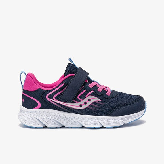Allen's Bootery Little Kid's Wind Navy/Pink sneaker with mesh and leather upper, pink accents, and hook-and-loop strap.