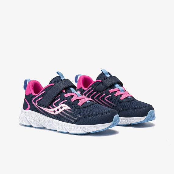 Allen's Bootery Little Kid's Wind Navy/Pink sneakers with mesh and leather upper, pink accents, and adjustable strap.