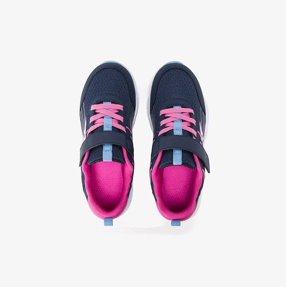 Allen's Bootery Little Kid's Wind Navy/Pink sneakers with mesh and leather upper, pink laces, and adjustable strap.