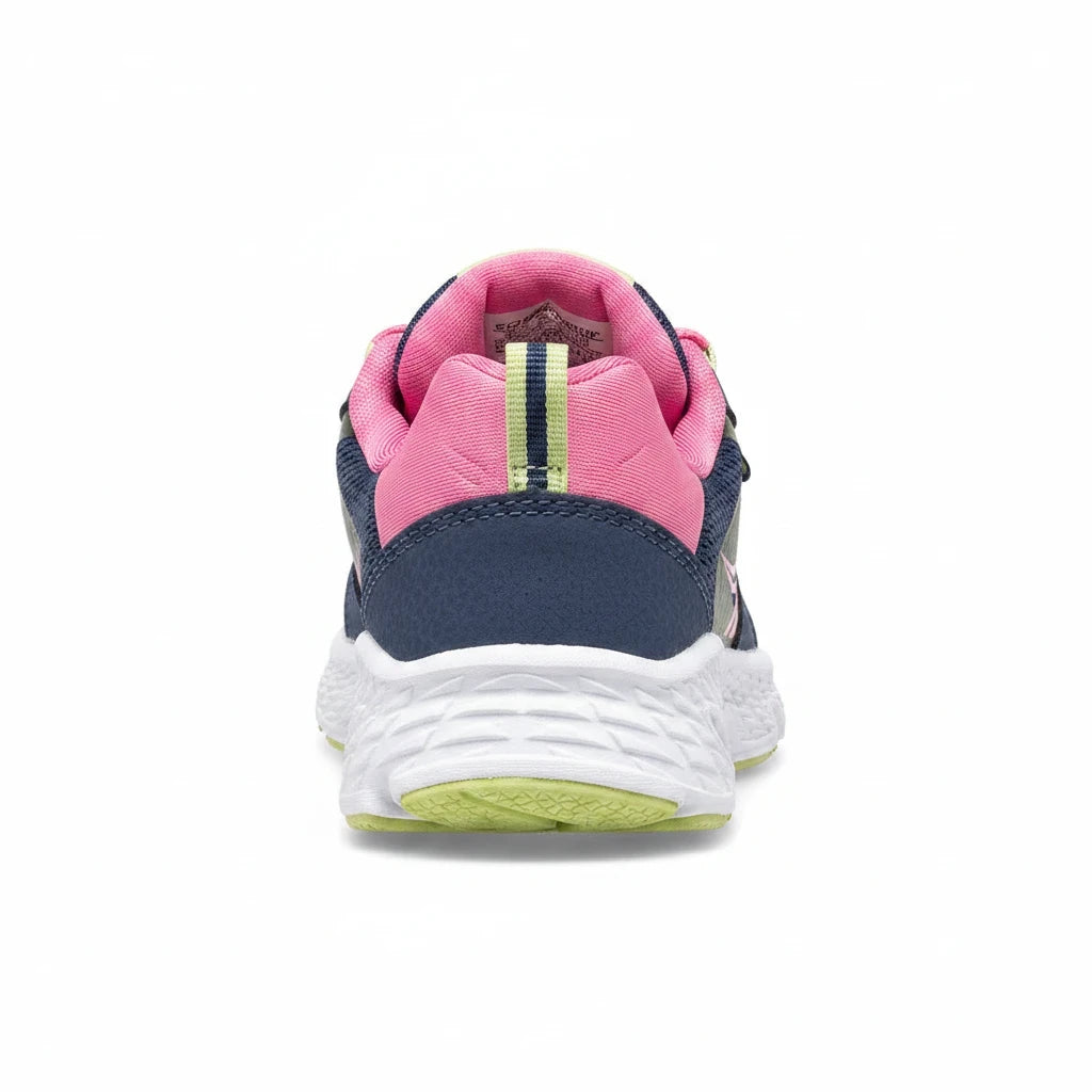 Allen's Bootery Big Kid's Wind Shield sneaker in navy and pink, featuring a mesh upper and white EVA midsole.