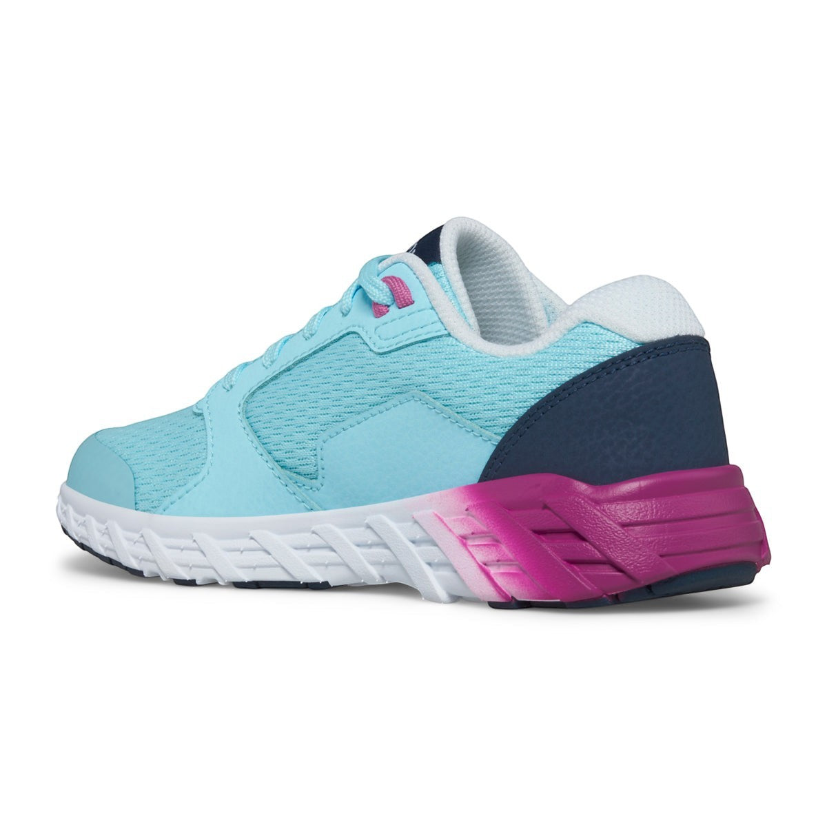 Allen's Bootery Little Kid's Wind 2.0 sneaker in blue and pink with a durable mesh upper and white EVA midsole.