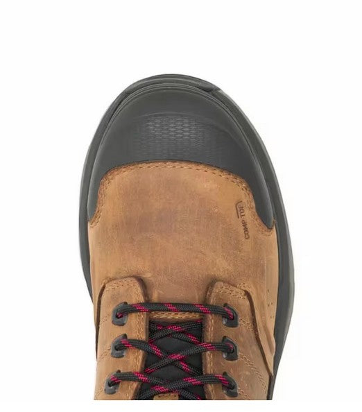 Allen's Bootery Wolverine Alpha work boot in dark tan leather with black protective toe cap and red-accented laces.