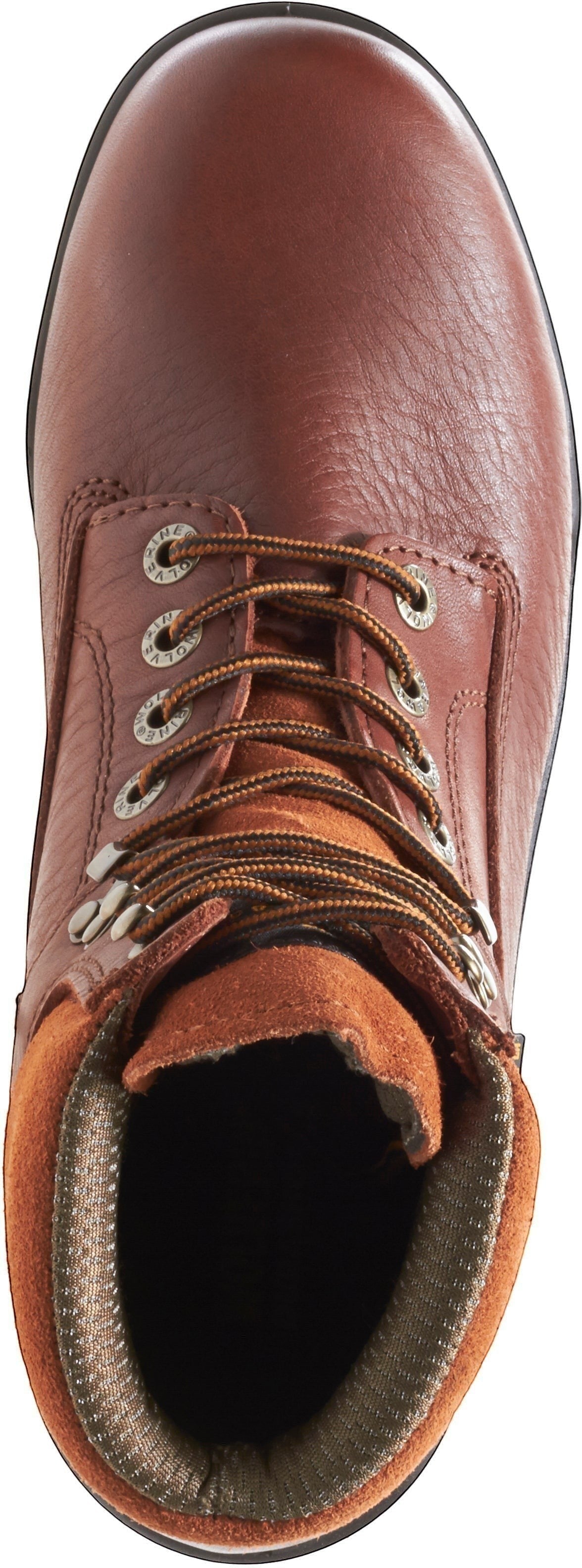 Allen's Bootery brown leather Wolverine DuraShocks waterproof work boot with lace-up closure and slip-resistant sole.