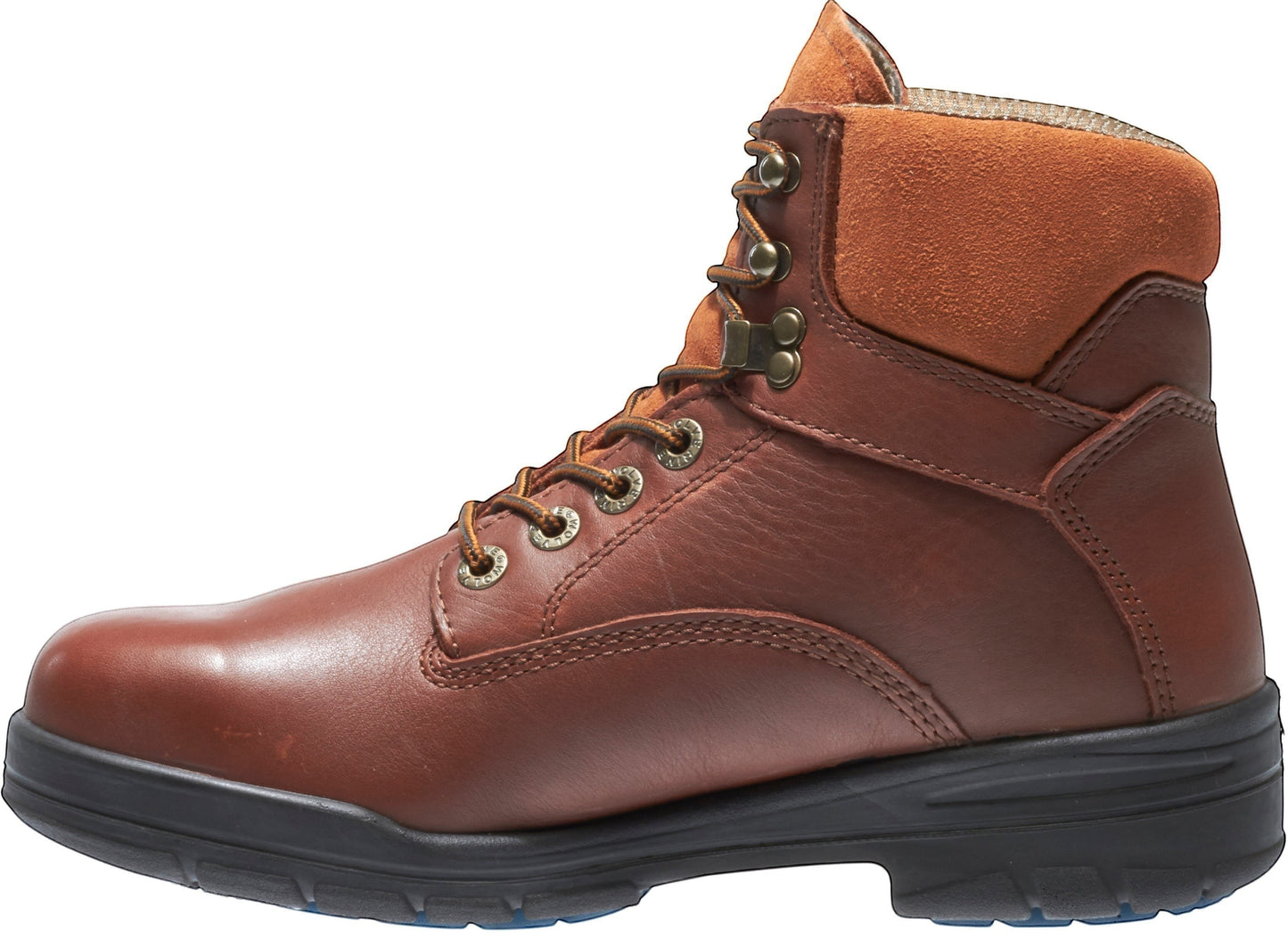 Allen's Bootery brown leather waterproof work boot with suede collar and slip-resistant sole.