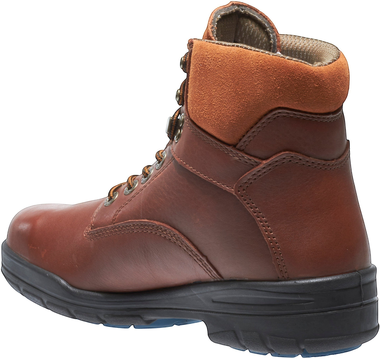 Allen's Bootery brown leather waterproof work boot with orange suede collar and black sole.