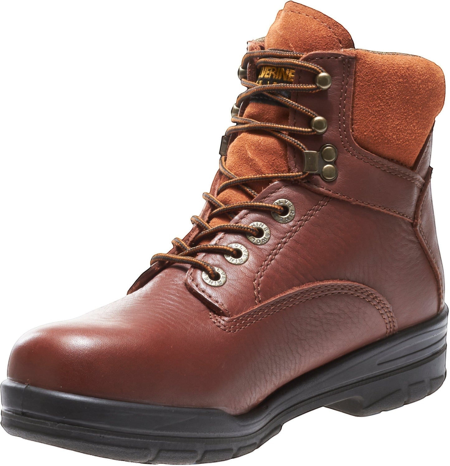 Allen's Bootery brown leather Wolverine Durashock waterproof work boot with suede accents and slip-resistant sole.