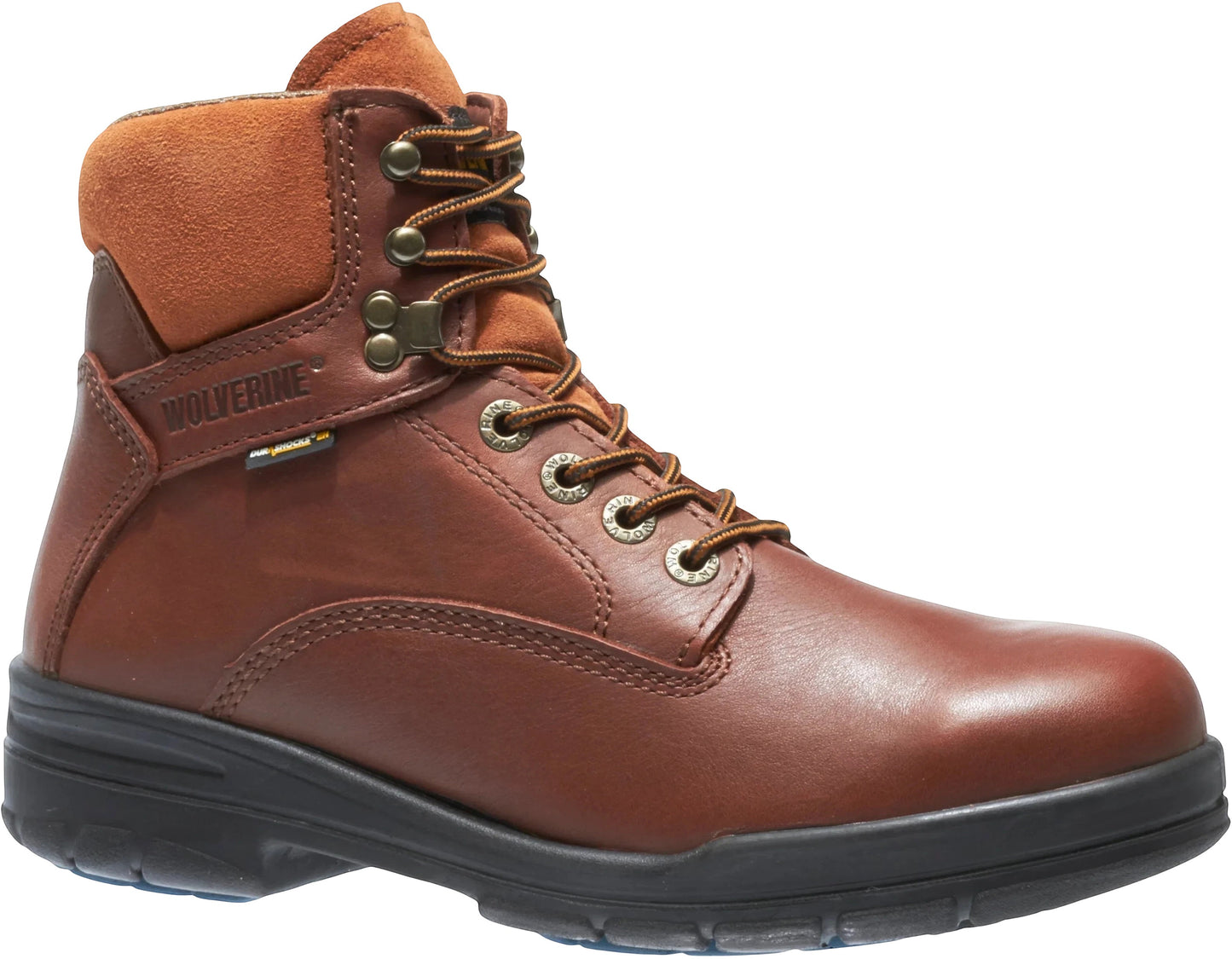 Allen's Bootery brown leather Wolverine Durashock waterproof work boot with slip-resistant sole and lace-up closure.