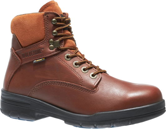 Allen's Bootery brown leather Wolverine Durashock waterproof work boot with slip-resistant sole and lace-up closure.