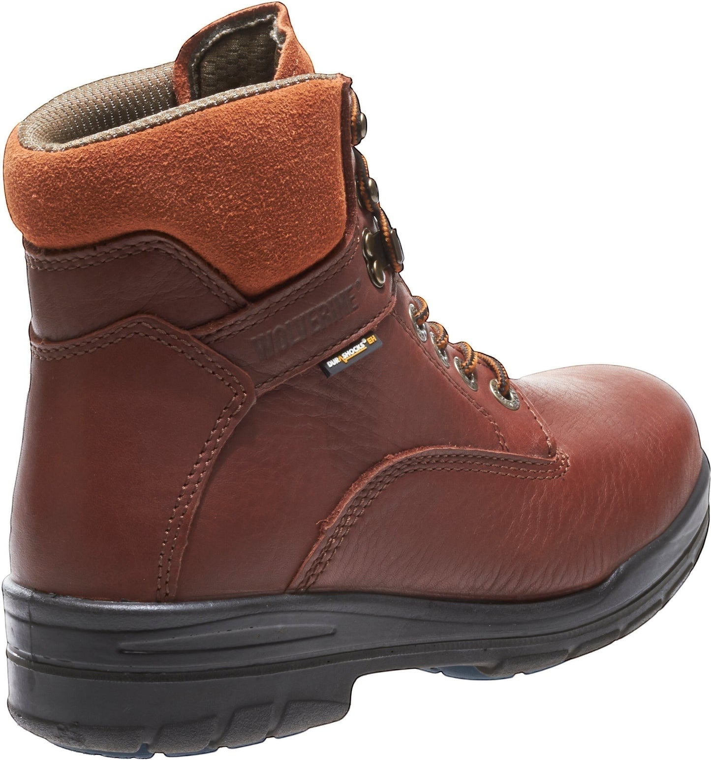 Allen's Bootery brown leather Wolverine Durashock waterproof work boot with suede collar and slip-resistant sole.