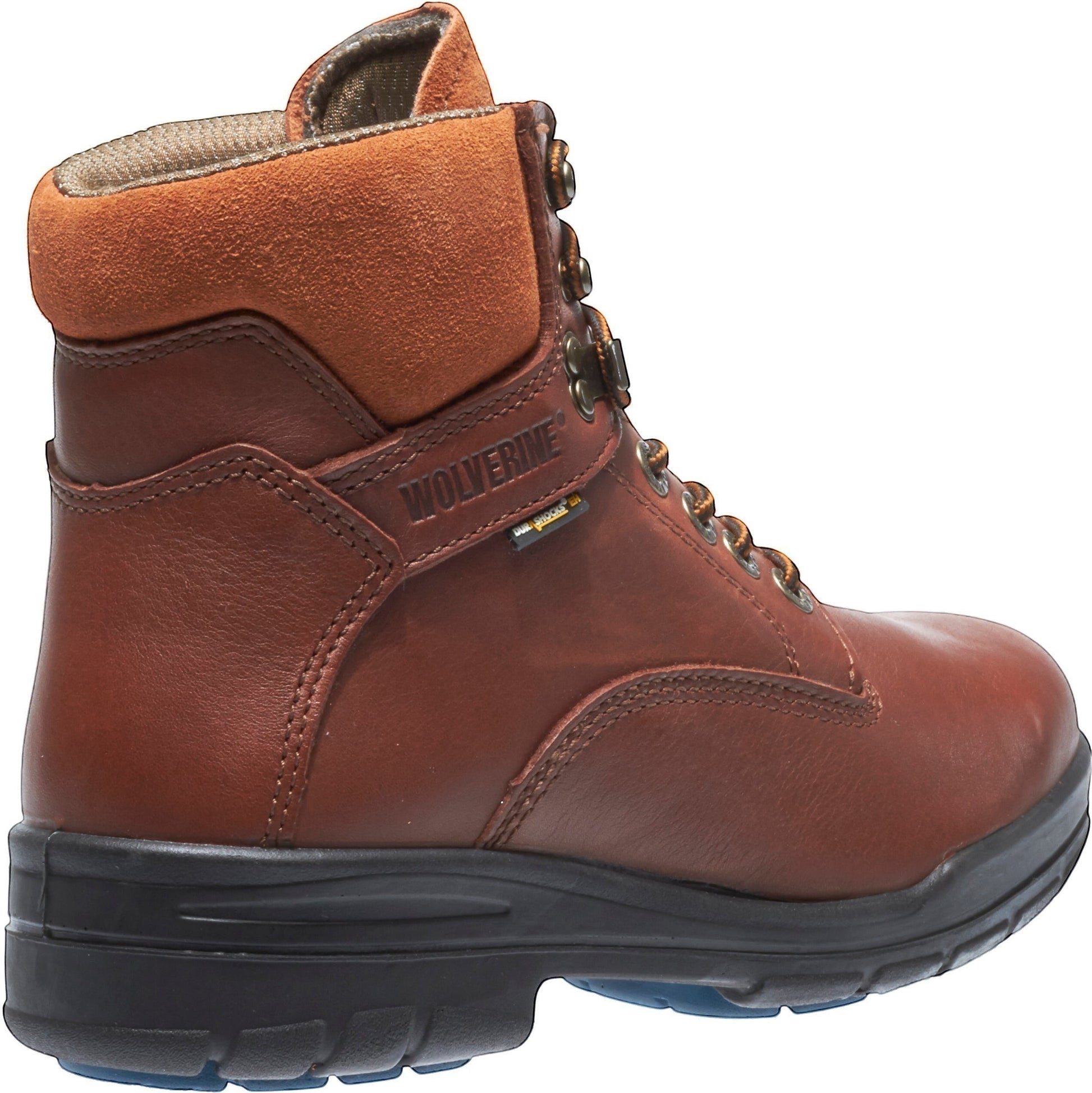 Allen's Bootery Wolverine Durashock waterproof work boot in brown leather with suede collar and slip-resistant sole.