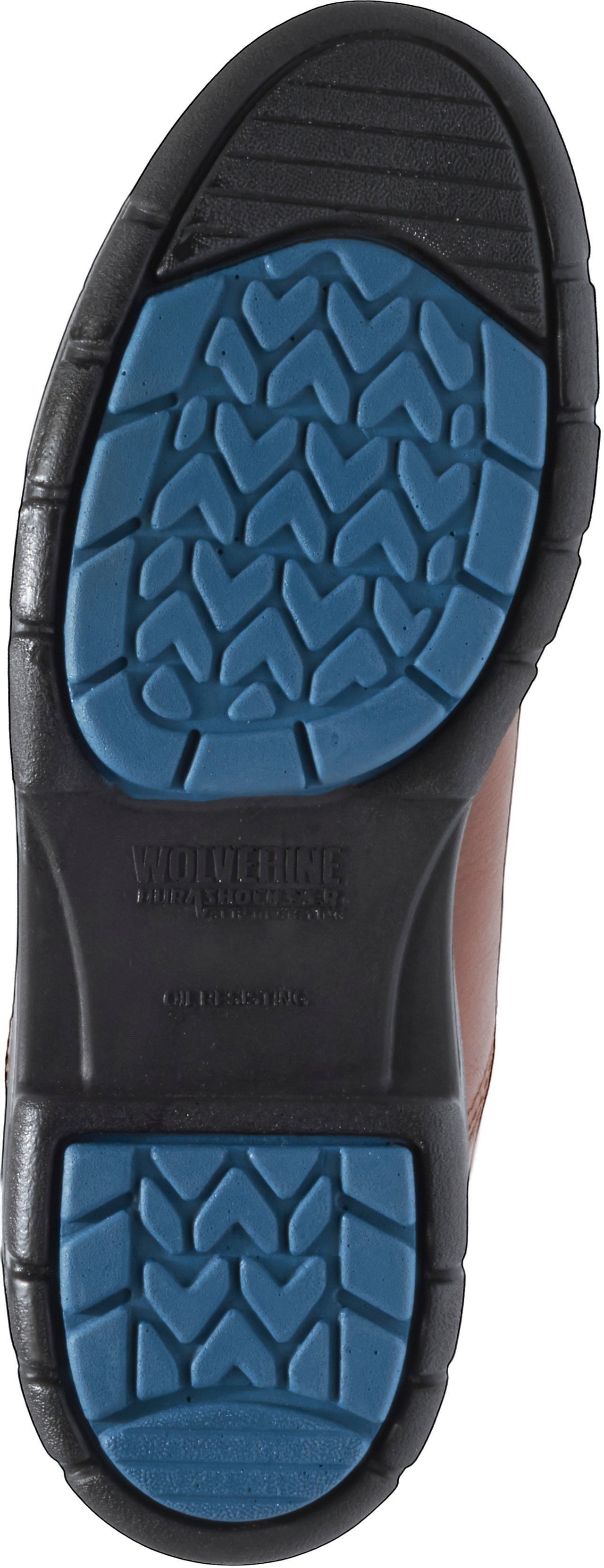 Allen's Bootery Wolverine Durashock waterproof work boot with slip-resistant sole and blue tread accents.