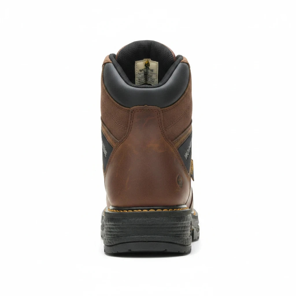 Allen's Bootery Wolverine Hellcat tobacco brown leather work boot, rear view showing durable rubber lug outsole.