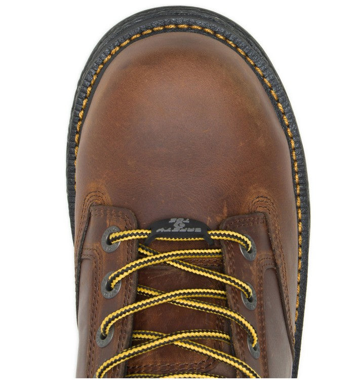 Allen's Bootery Wolverine Hellcat work boot featuring tobacco brown waterproof leather and yellow-black laces