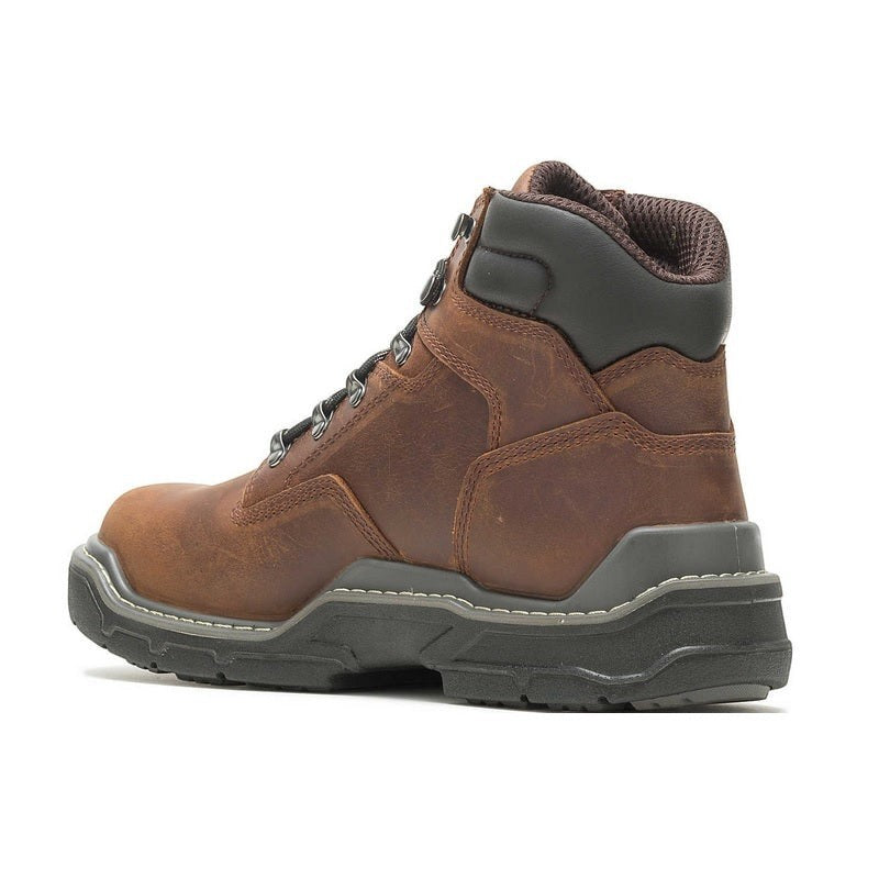 Allen's Bootery Wolverine Raider waterproof work boot in brown full-grain leather with DuraShocks lug sole, side view.