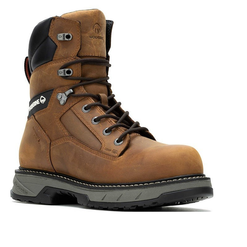 Allen's Bootery Wolverine ReForce 8-inch waterproof brown leather work boot with CarbonMax composite toe.