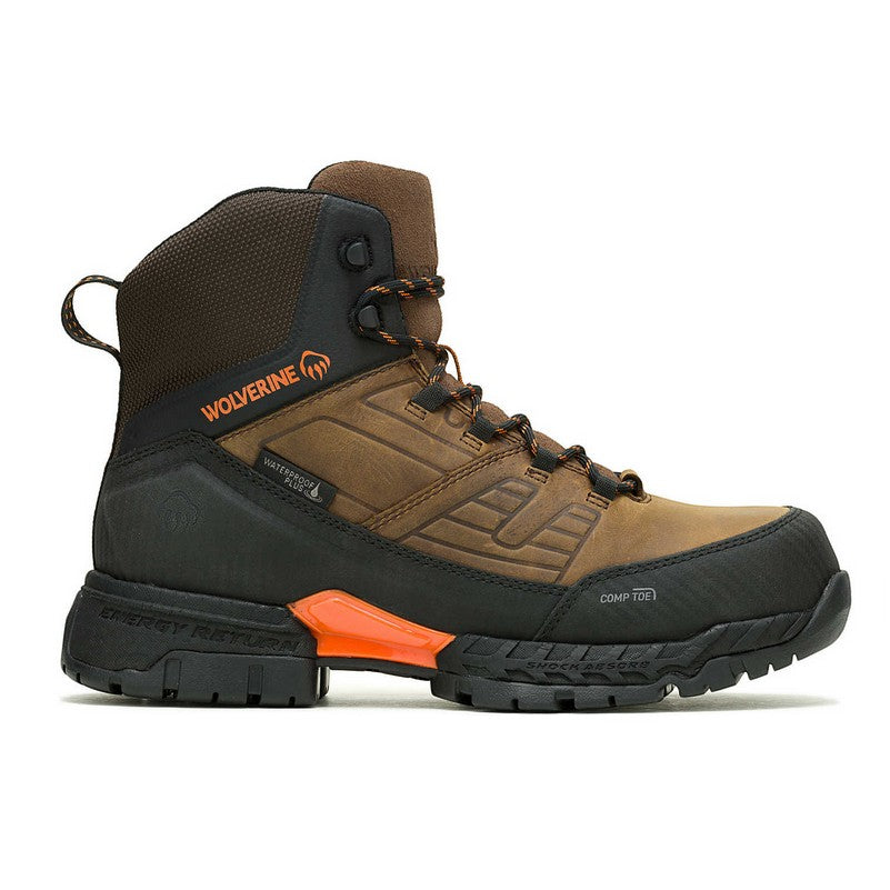 Allen's Bootery Wolverine Surge LX composite-toe work boot in Sudan Brown waterproof leather with orange accents.