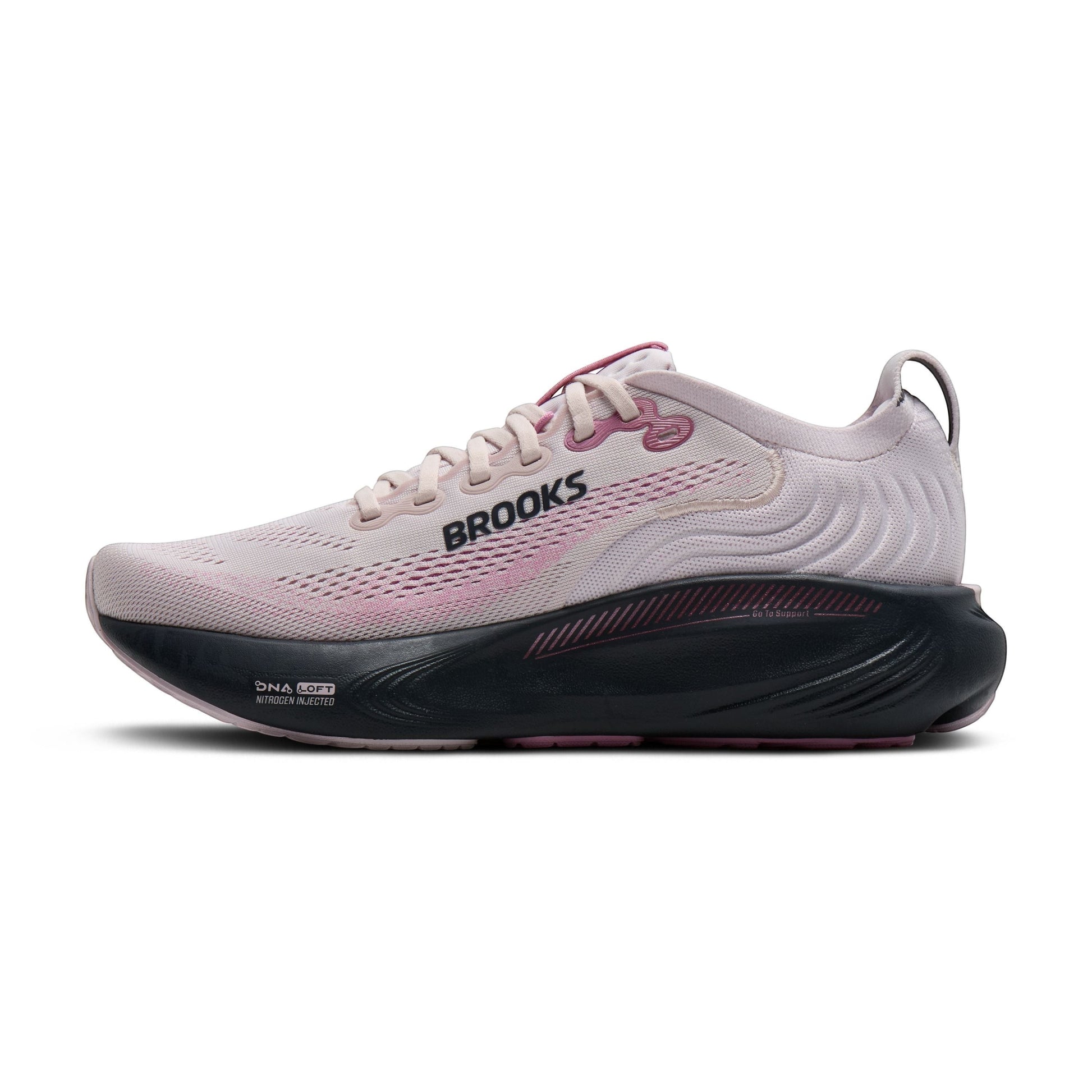 Allen's Bootery Women's Adrenaline 25 mauve and pink breathable mesh running shoe with black midsole and pink accents.