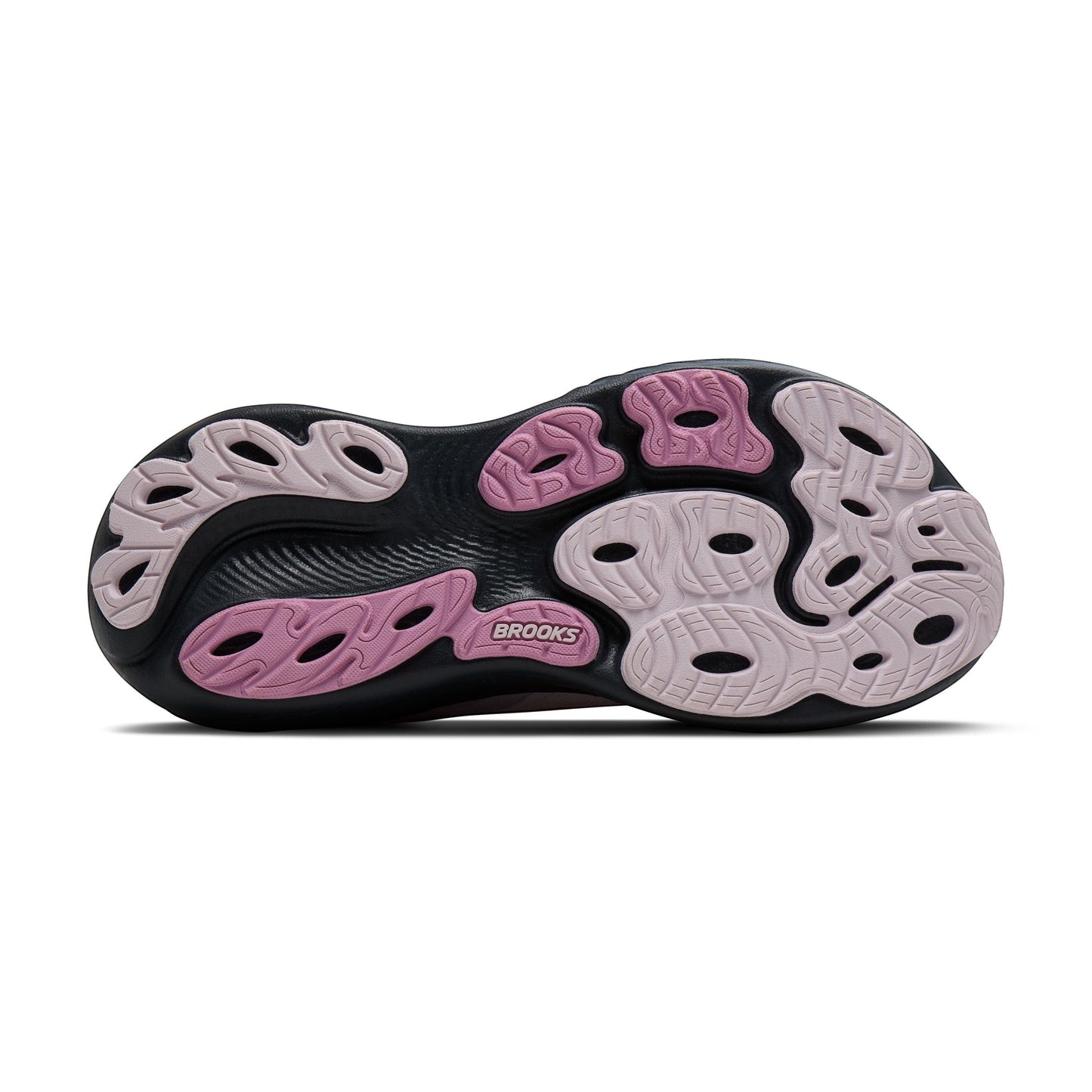 Allen's Bootery Women's Adrenaline 25 running shoe sole in mauve, ebony, and pink with unique cushioning pods and Brooks logo.