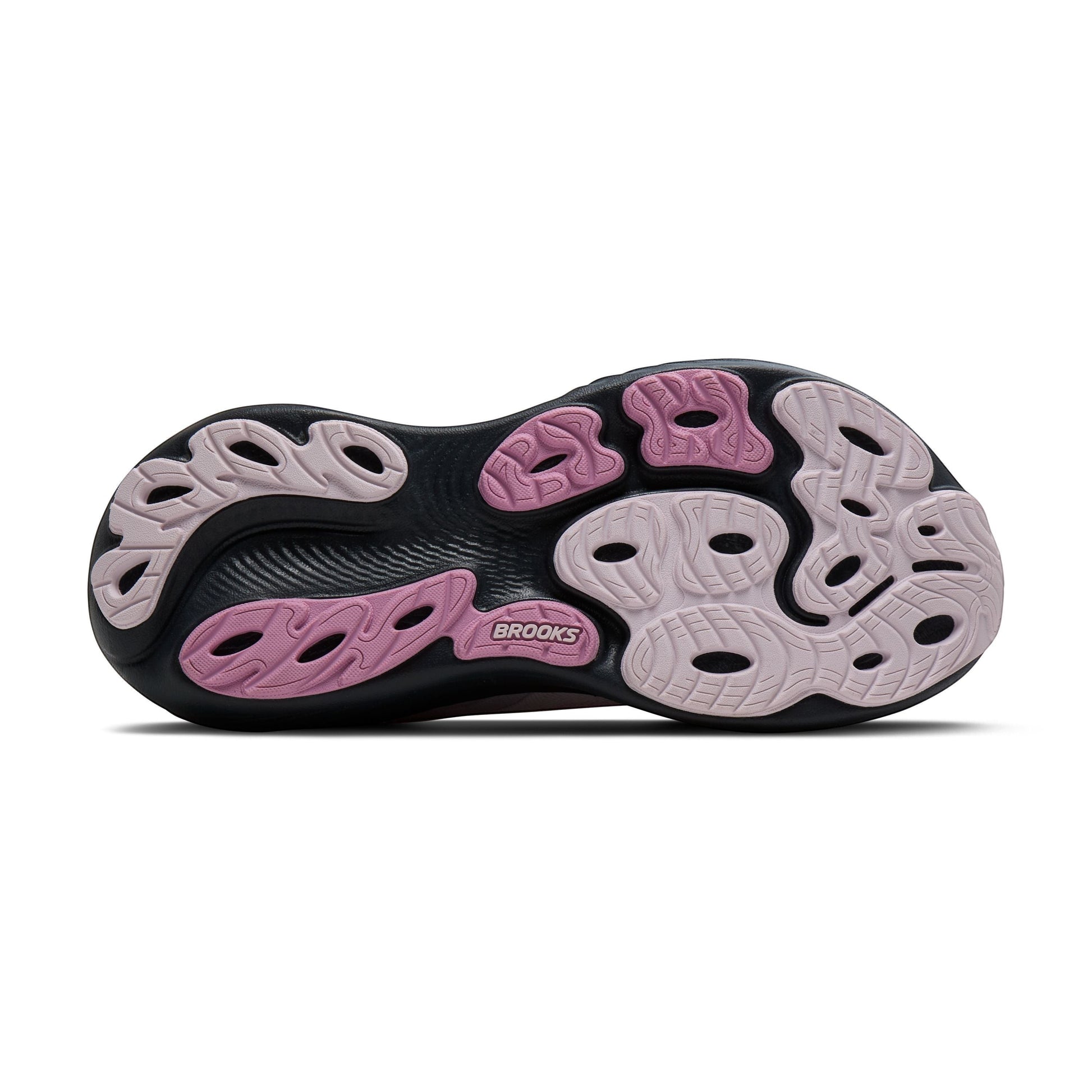 Allen's Bootery Women's Adrenaline 25 running shoe sole in mauve, ebony, and pink with unique cushioning pods and Brooks logo.