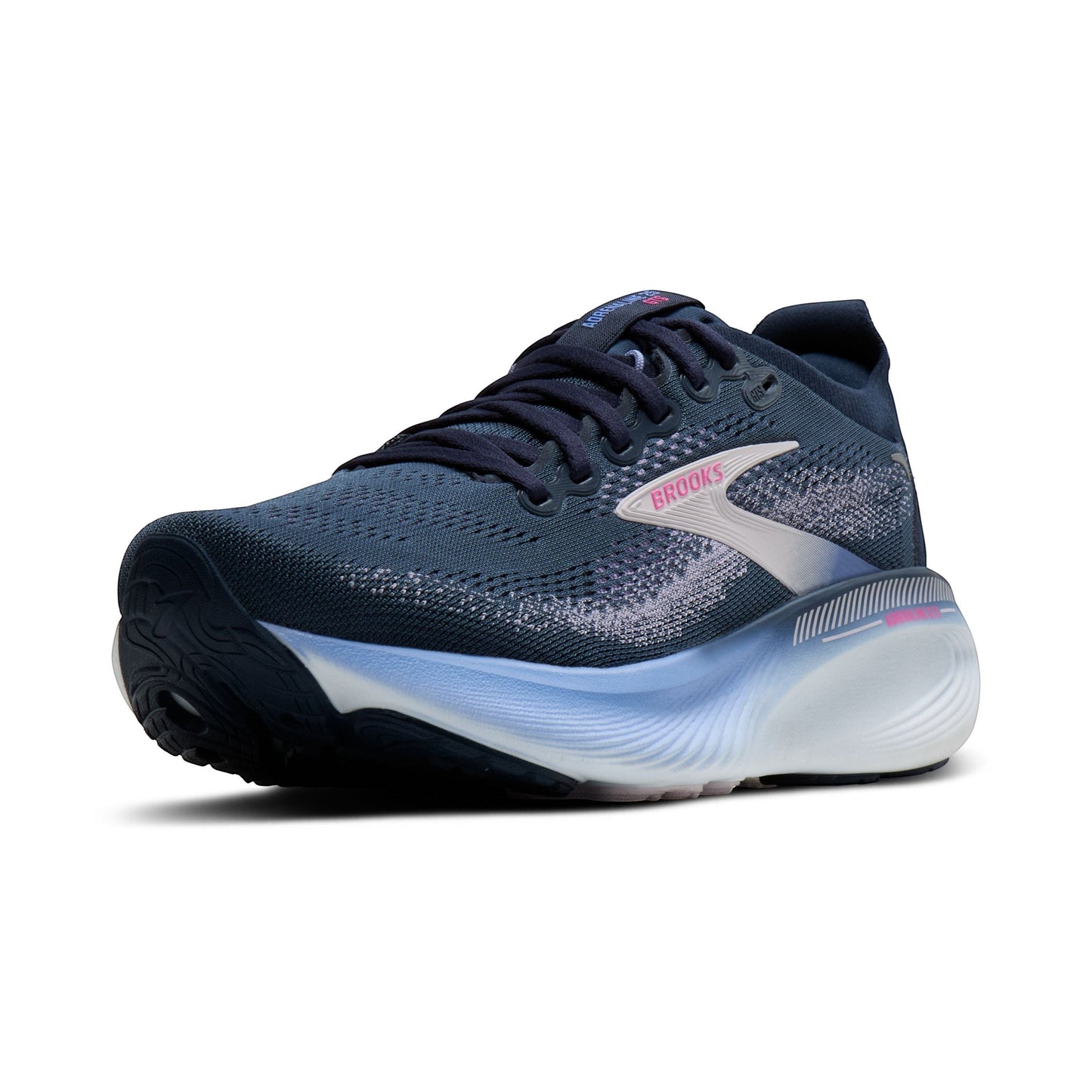Allen's Bootery Women's Adrenaline 25 navy blue running shoes with pink and light blue accents, breathable mesh upper, and cushioned sole.
