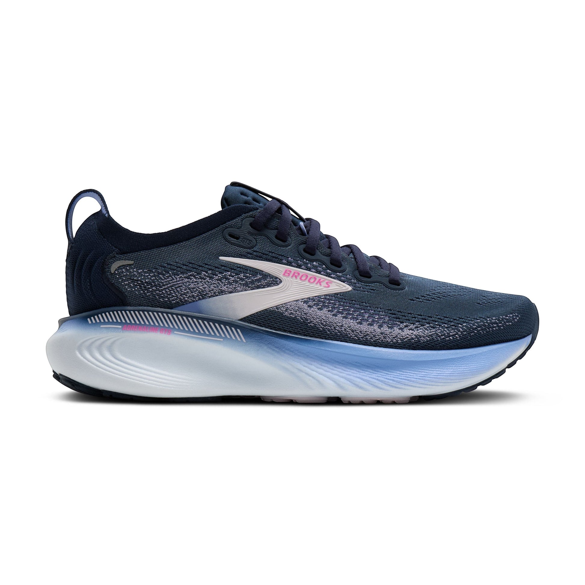 Allen's Bootery Women's Adrenaline 25 navy blue running shoe with pink and white accents, breathable mesh upper, and cushioned sole.